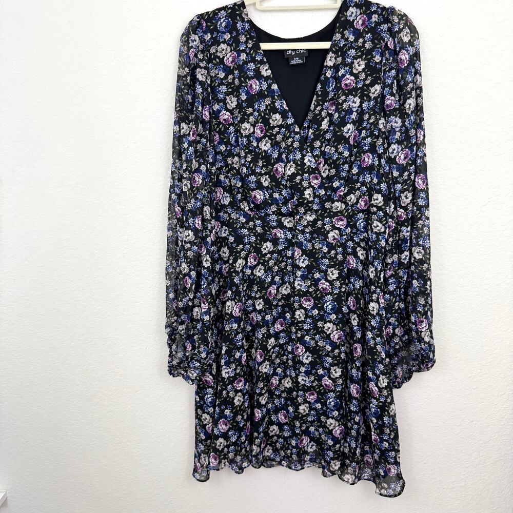 City Chic Womens Mini Dress Size 16 Floral Surplice Neckline Wild Ditsy Black